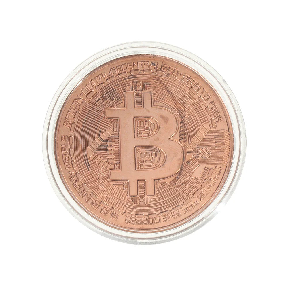 Moneda conmemorativa de color cobre y símbolo de Bitcoin.
