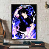 Anime canvas art poster of Toji Fushiguro with blue hair and glowing purple energy against a dark background