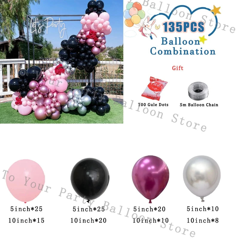 A collection of pink, purple, and black balloons, including latex balloons, a balloon chain, and various sized balloons for p