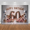 A birthday backdrop featuring gold and silver balloons, pink roses, and the text HAPPY BIRTHDAY 60.