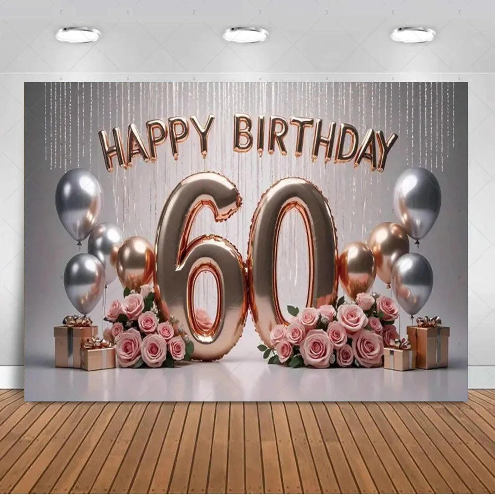 A birthday backdrop featuring gold and silver balloons, pink roses, and the text HAPPY BIRTHDAY 60.