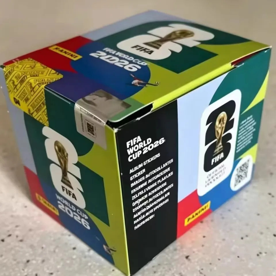 A box of Panini 2026 FIFA World Cup official stickers featuring the FIFA World Cup logo and design.