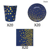 A set of blue and gold disposable party tableware including a cup, plate, and rectangular napkin