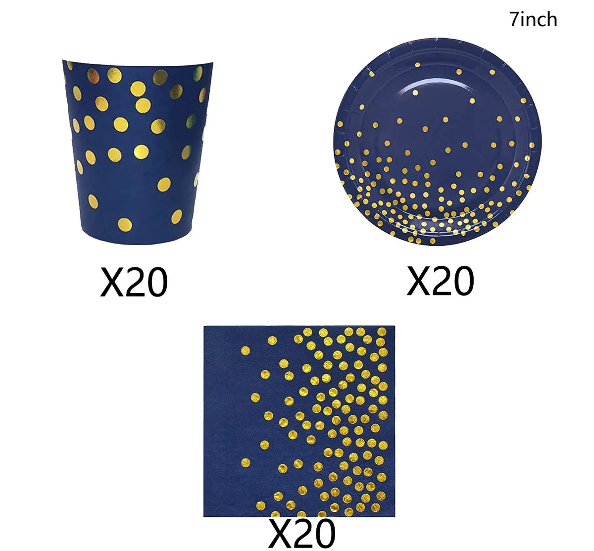 A set of blue and gold disposable party tableware including a cup, plate, and rectangular napkin