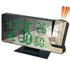 A black LED digital projection alarm clock displaying the time and a green plant motif.