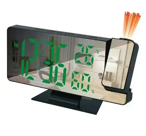 A black LED digital projection alarm clock displaying the time and a green plant motif.