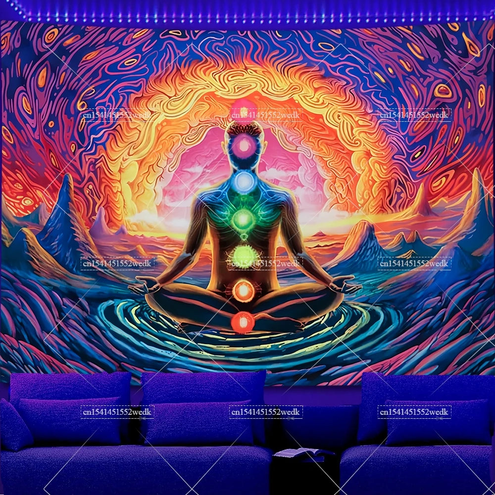 A vibrant tapestry featuring a meditating figure with glowing chakras set against an orange and purple cosmic background.