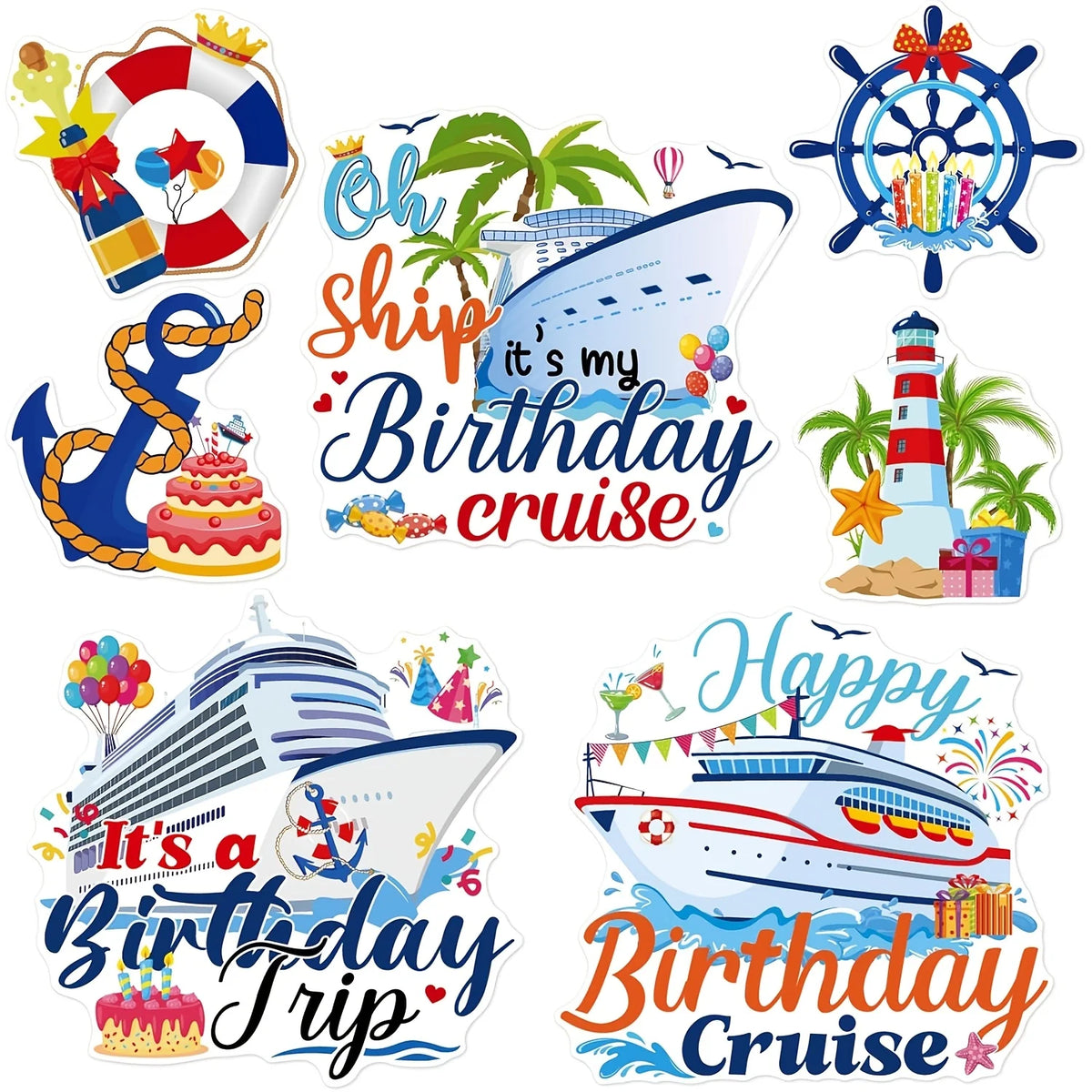 A set of seven colorful door magnets featuring birthday cruise themes and ships for decorations.