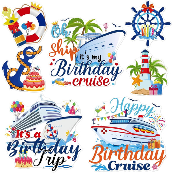 A set of seven colorful door magnets featuring birthday cruise themes and ships for decorations.