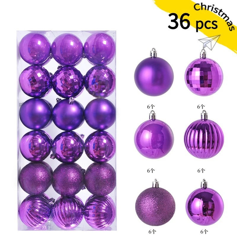 A set of 24 festive purple and pink Christmas baubles for holiday tree and decor.