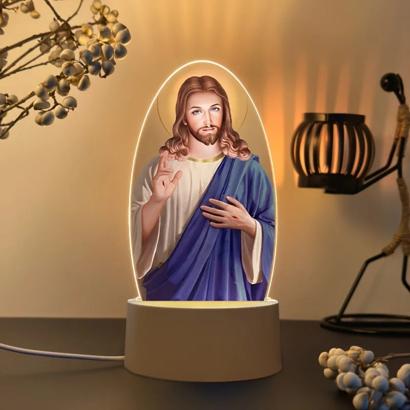 Illuminated Jesus Christ night light featuring a sculpted figure with long hair and beard, set against a glowing oval backgro