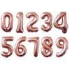 A set of rose gold and silver gradient foil balloons forming the numbers 0 through 9.