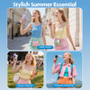 Three women show off a stylish summer essential including a portable cooling fan for daily travel, music festivals, and outdo