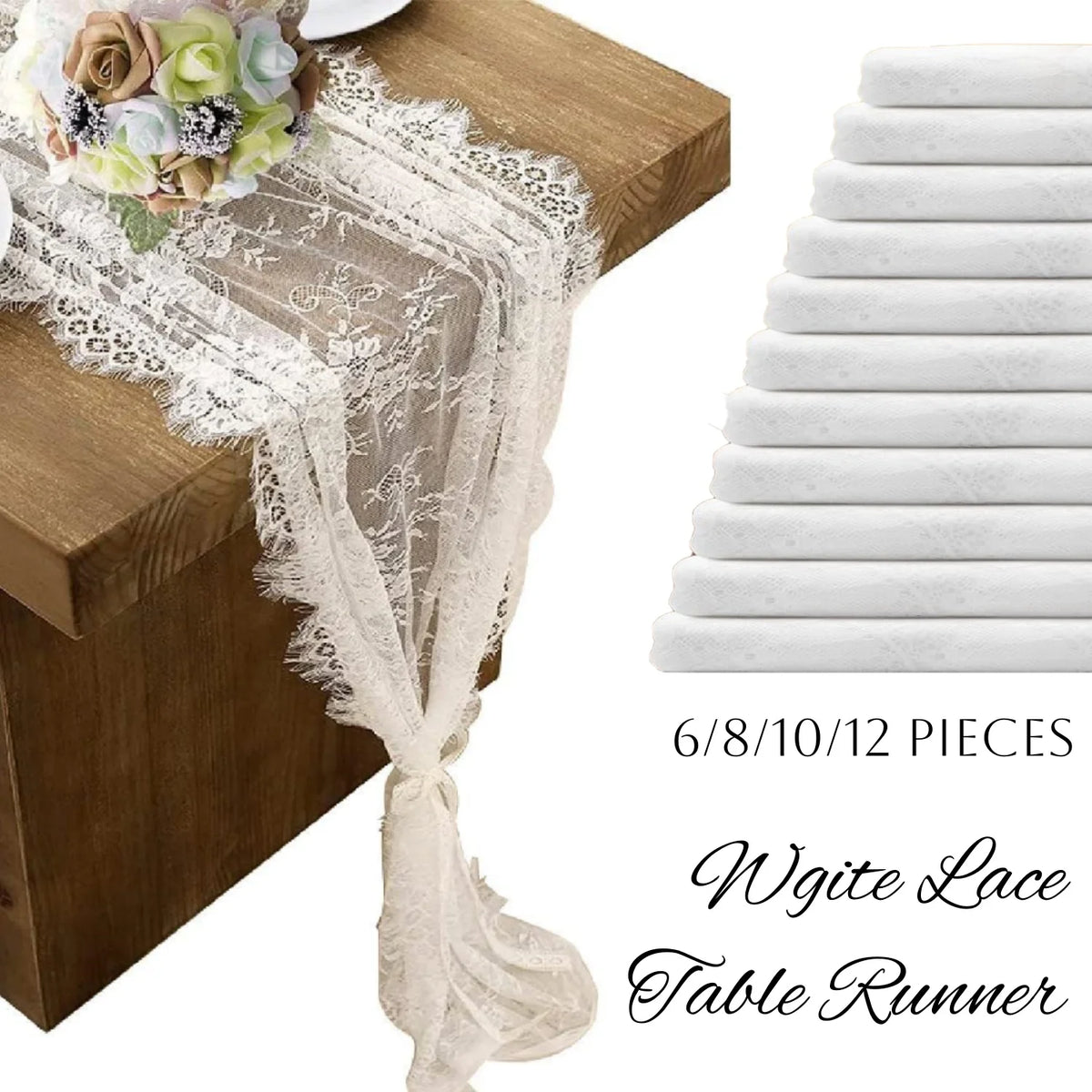 White lace table runner with delicate embroidery and sheer fabric draped over a wooden surface.