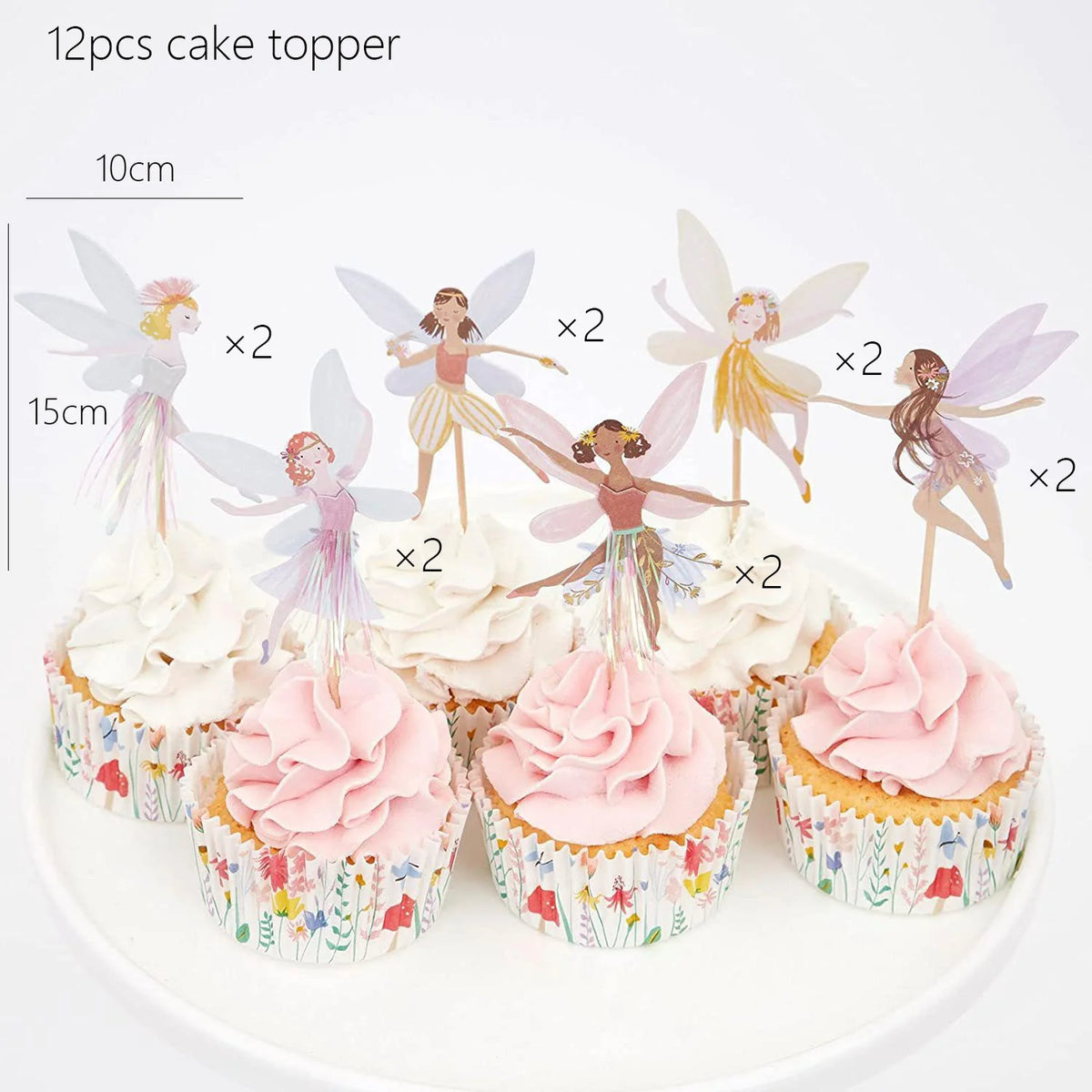A set of twelve fairy cake toppers featuring winged figures in various colors and styles.