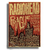 Retro music album art poster featuring the band Radiohead with distressed typography on a red background