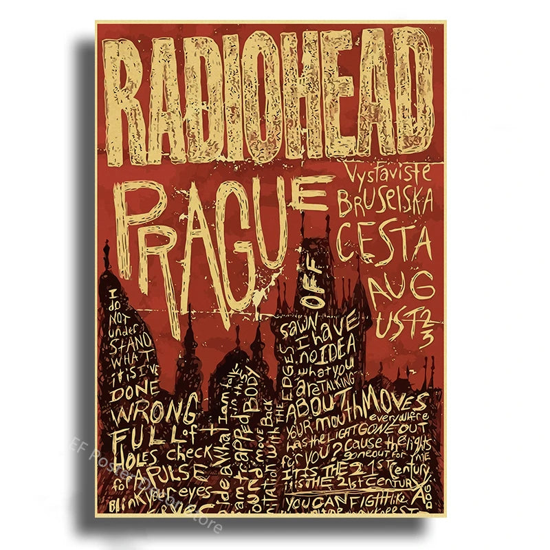 Retro music album art poster featuring the band Radiohead with distressed typography on a red background