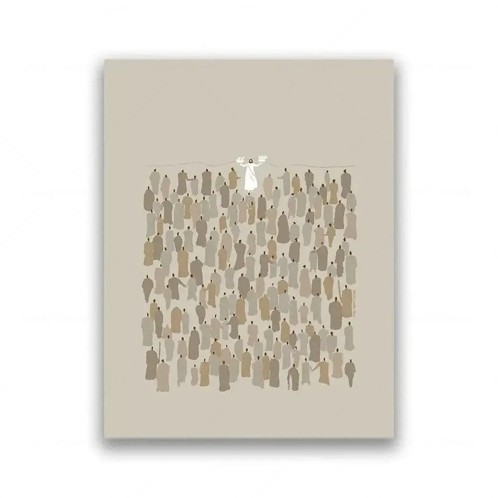 Impresión en lienzo que representa a una multitud de personas, incluyendo a Jesús lavando los pies.