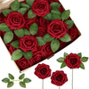 A box filled with deep red lifelike foam roses for wedding and home décor.