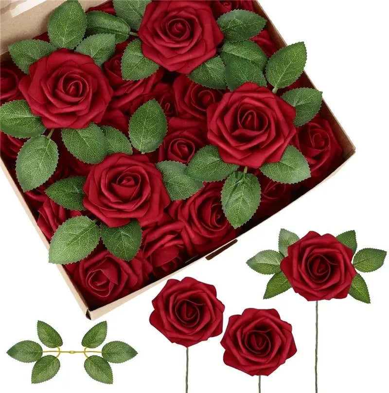 A box filled with deep red lifelike foam roses for wedding and home décor.