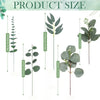 Various sizes of green artificial eucalyptus leaves displayed vertically for product size reference.
