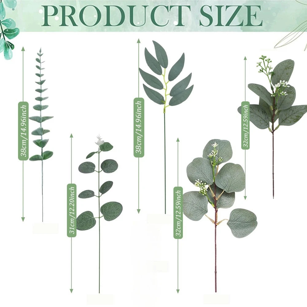 Various sizes of green artificial eucalyptus leaves displayed vertically for product size reference.