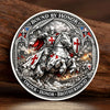 A detailed illustration of a silver-plated commemorative coin depicting a knight in armor riding a horse, surrounded by heral