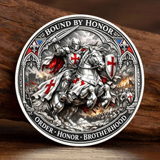 A detailed illustration of a silver-plated commemorative coin depicting a knight in armor riding a horse, surrounded by heral