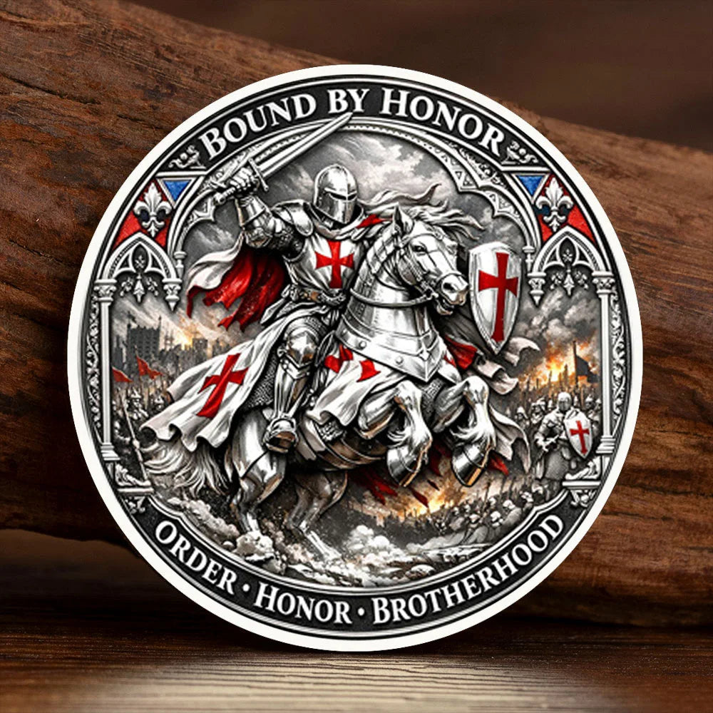 A detailed illustration of a silver-plated commemorative coin depicting a knight in armor riding a horse, surrounded by heral