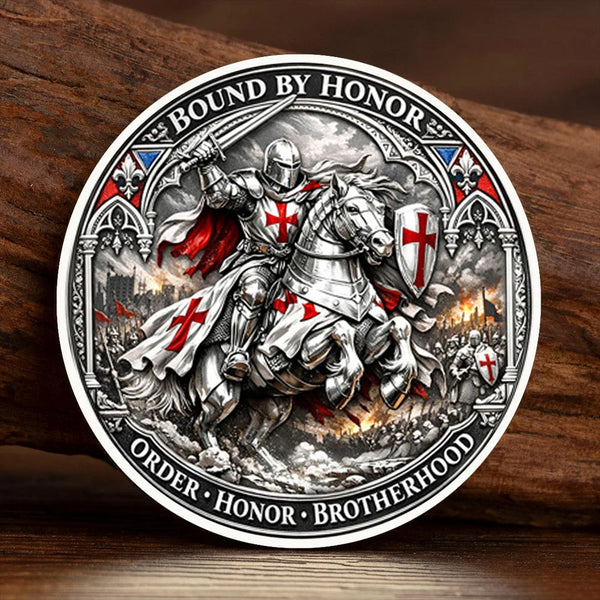 A detailed illustration of a silver-plated commemorative coin depicting a knight in armor riding a horse, surrounded by heral