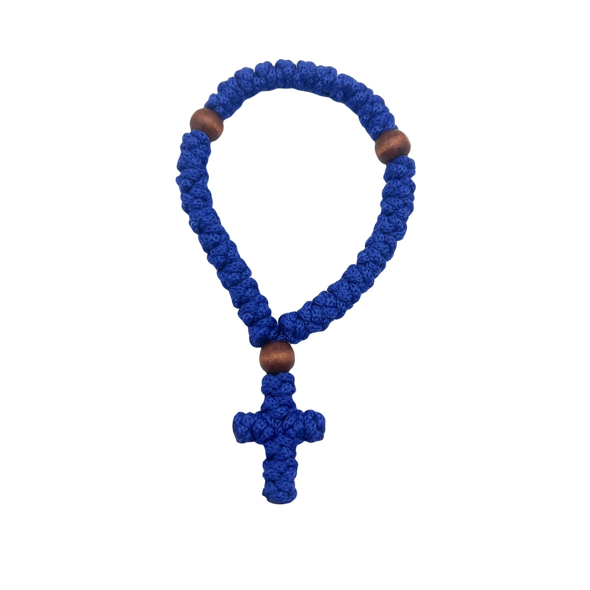 Handmade blue prayer rope with a cross charm and wooden beads