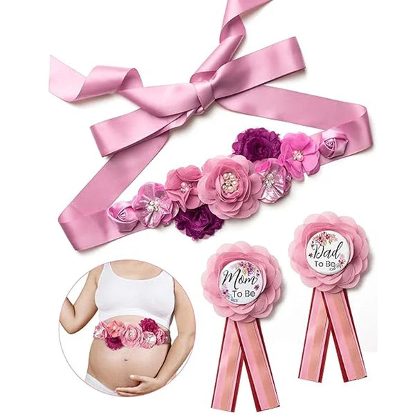 Pink floral maternity sash and corsage pin set with ribbon for baby shower