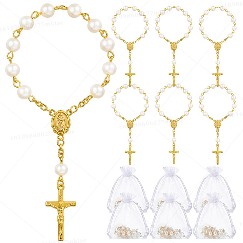 Gold mini baptism rosary favors with cross on a chain and various styles