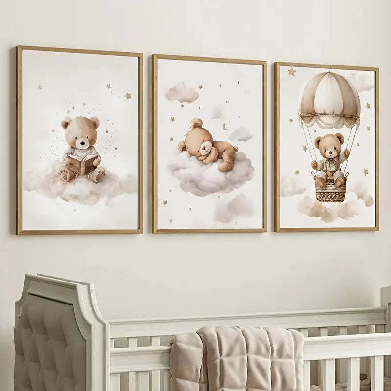 A set of three framed canvas prints featuring teddy bears in clouds and a hot air balloon