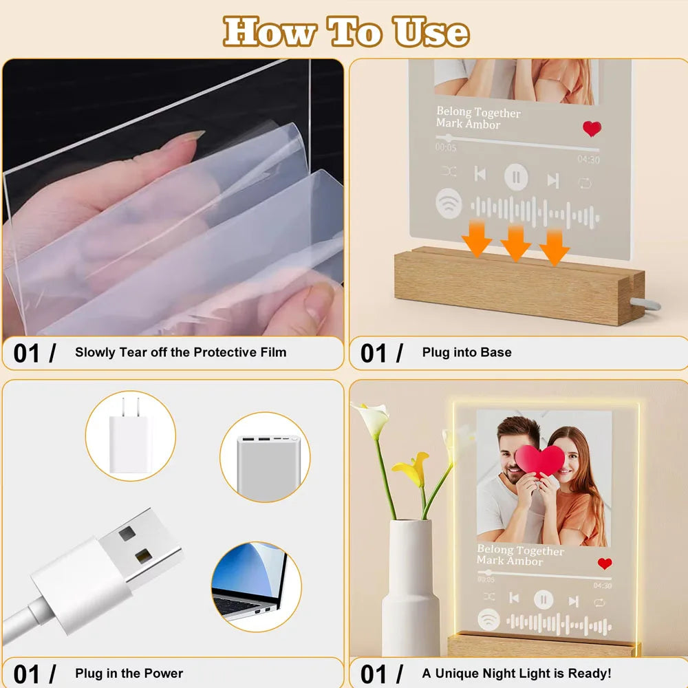 Instructions showing how to use a night light, including peeling a film, plugging in the base, and powering the device.