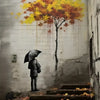A painting of a silhouette of a girl holding an umbrella against a white brick wall with yellow and orange leaves dripping do