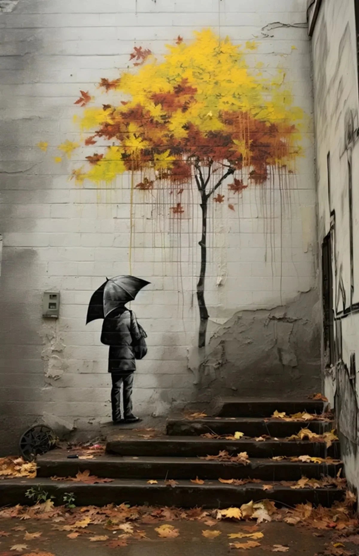 A painting of a silhouette of a girl holding an umbrella against a white brick wall with yellow and orange leaves dripping do