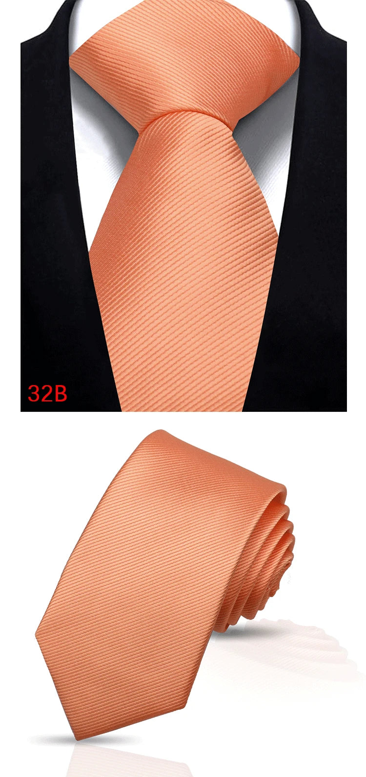 A close-up view of a peach or coral colored silk necktie folded and displayed against a black background.