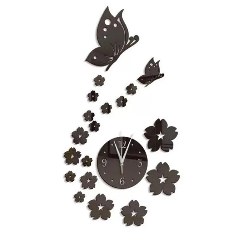 Modern acrylic mirror wall clock featuring a butterfly and floral design.