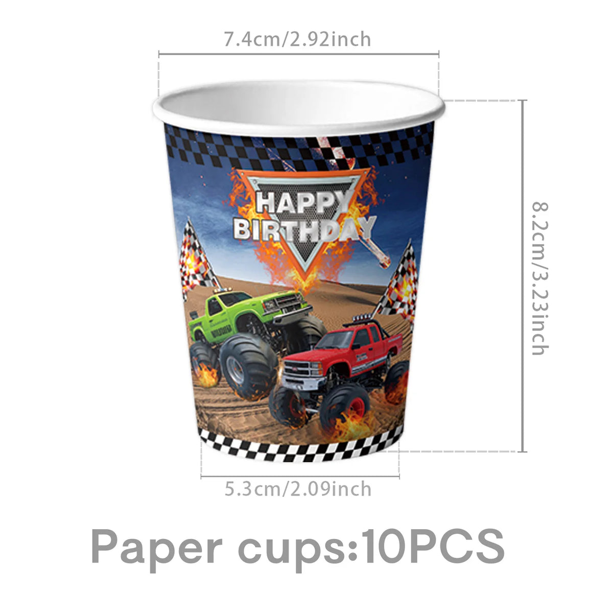 A paper cup featuring a monster truck birthday theme with vehicles and checkered flags.