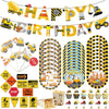 A set of construction vehicle themed birthday party tableware including banners, plates, cups, and napkins.