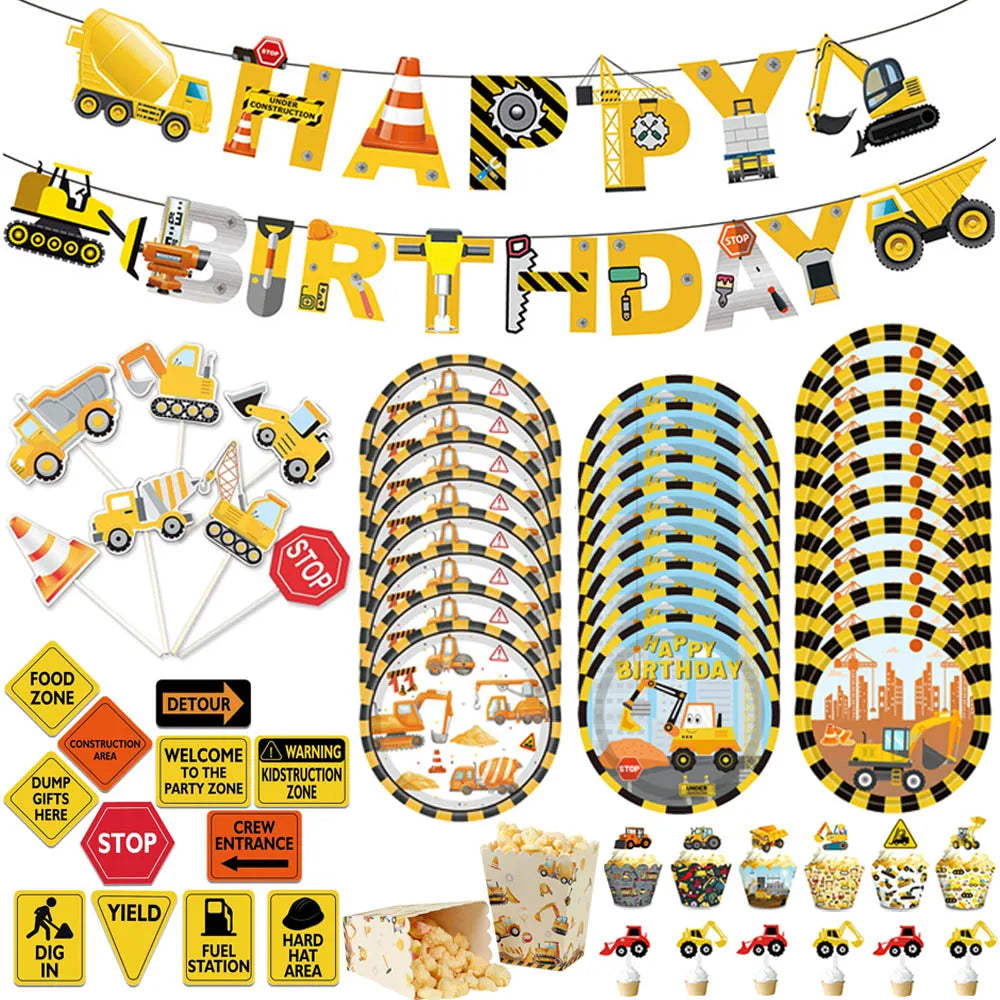A set of construction vehicle themed birthday party tableware including banners, plates, cups, and napkins.