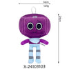 A purple Goob Boxten plush toy with large black eyes and a light blue body featuring gray stripes.