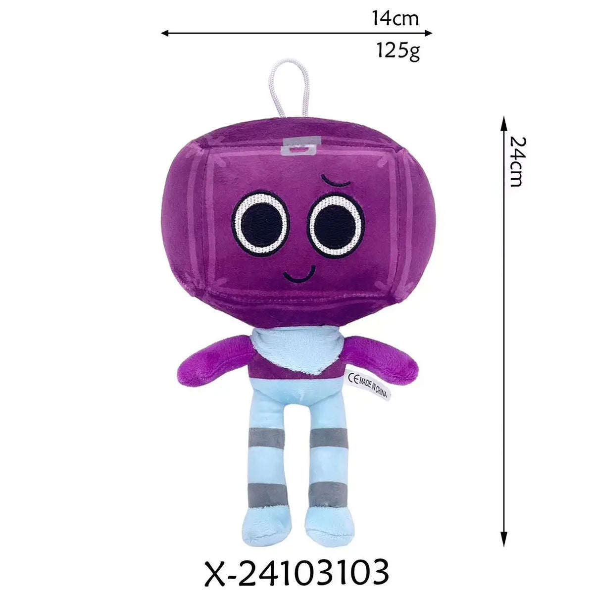 A purple Goob Boxten plush toy with large black eyes and a light blue body featuring gray stripes.