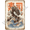 A vintage-style plaque featuring a fierce black dragon head emerging from blue and white waves on a distressed background.