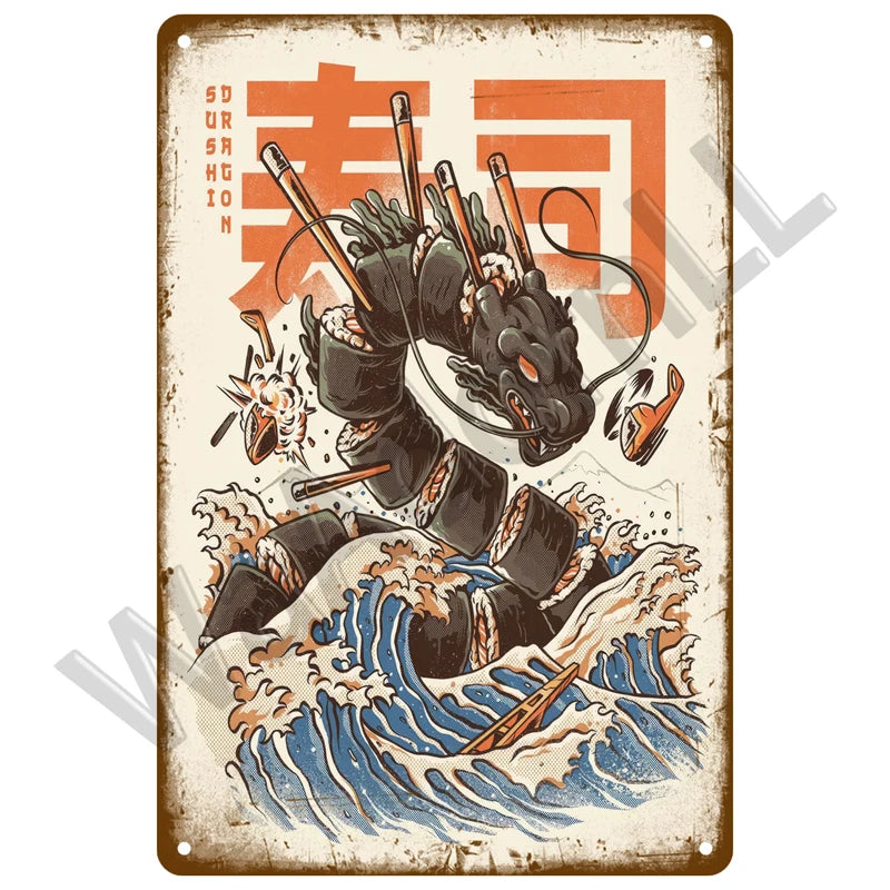 A vintage-style plaque featuring a fierce black dragon head emerging from blue and white waves on a distressed background.