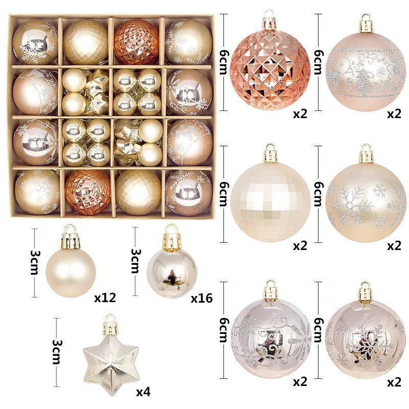A collection of festive Christmas ball ornaments in various colors and finishes, including gold, silver, and rose gold tones.