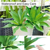 A vibrant green artificial agave plant in a white pot, showing its waterproof and easy care features.