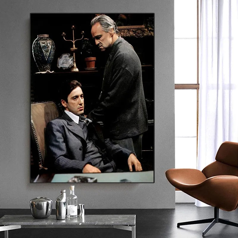 Black and white canvas wall art featuring a scene from The Godfather with two men.