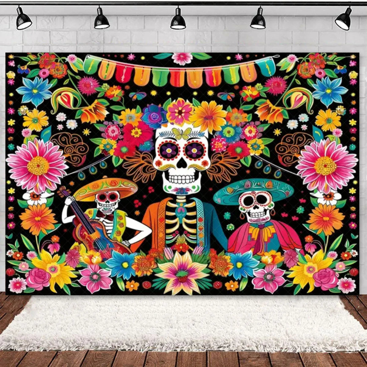 Day of the Dead Skeleton & Floral Backdrop for Party Photo Booth